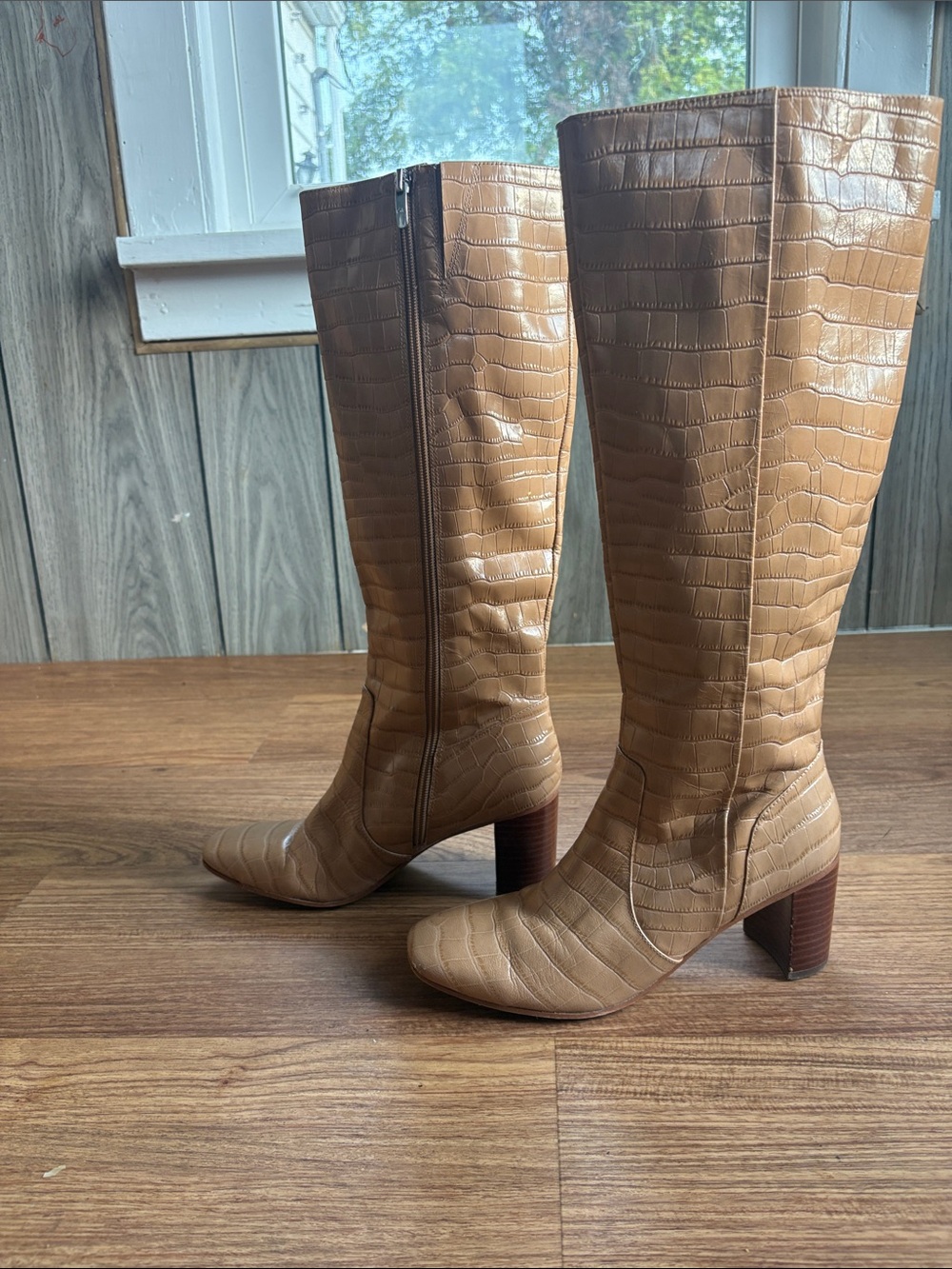 Marc Fisher Tan Croc-Embossed Knee Boots